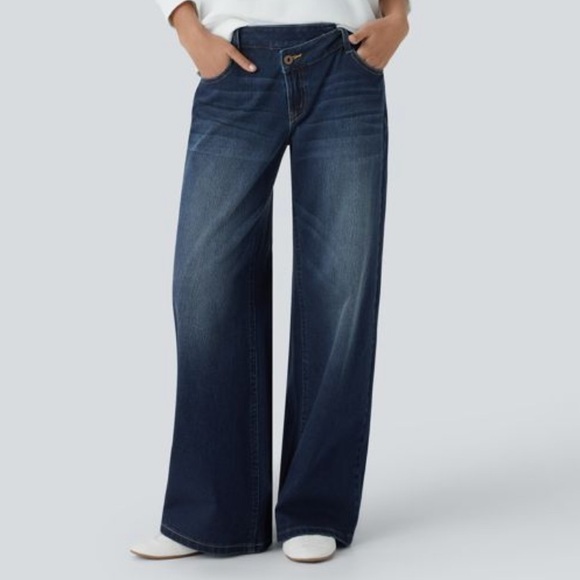 HALARA Denim - Halara Flex™ Asymmetric Low Rise Baggy Wide Leg Washed Casual Jeans